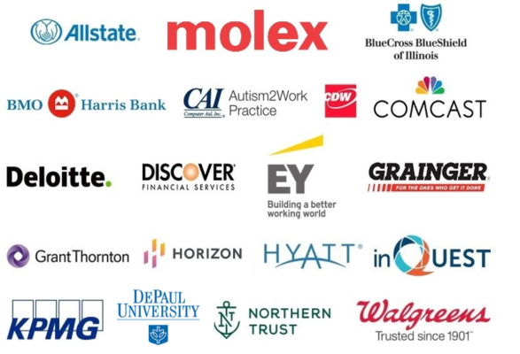 Sustaining Partners: Allstate, Molex, BlueCross BlueShield of Illinois, BMO Harris Bank, CAI Autism2Work Practice, CDW, Comcast, Deloitte, Discover Financial Services, EY, Grainger, Grant Thronton, Horizon, Hyatt, inQuest, KPMG, DePaul University, Northern Trust, and Walgreens.