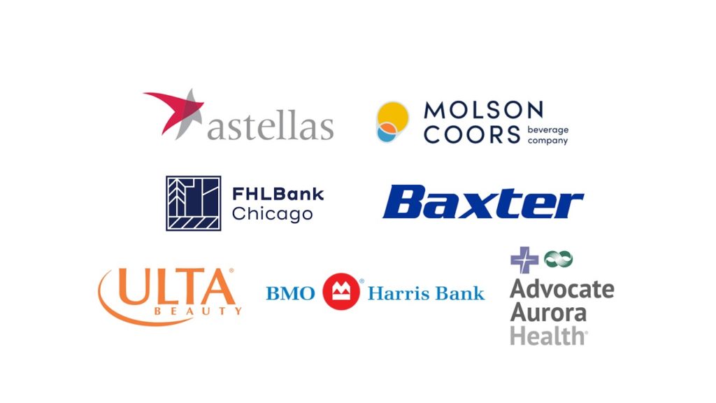 Logos for Astellas, Molson Coors, FHL Bank Chicago, Baxter, Ulta Beauty, BMO Harris Bank, and Advocate Aurora Health