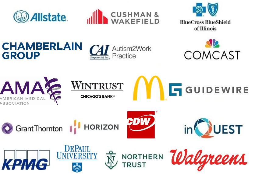 Logos for Allstate, Cushman & Wakefield, Blue Cross Blue Shield of Illinois, Chamberlain Group, CAI Autism2work Practice, Comcast, American Medical Association, Wintrust, McDonald's, Guidewire, GrantThornton, Horizon, CDW, inQuest, KPMG, DePaul University, Northern Trust, and Walgreens.